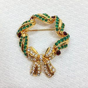 Monet Jeweled Christmas Wreath Pin Brooch
